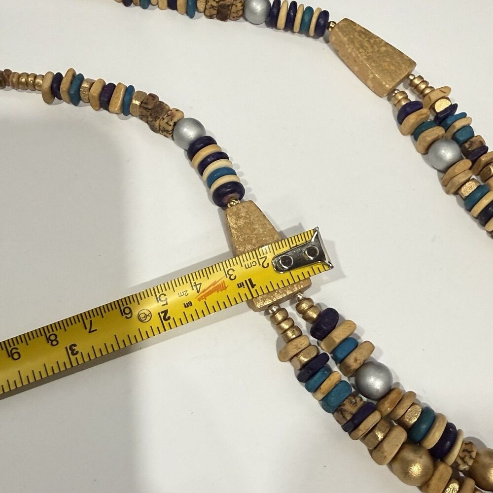 Vintage Casual Corner Double Strand Beaded Necklace Boho Wood Gold Tone Signed - Picture 13 of 16